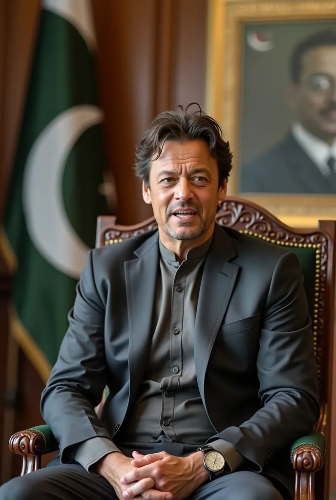 Image caption : creare un immagine di 
Imran Khan is speaking enthusiastically, standing on stage, at a large political gathering. Pakistani flags, people shouting slogans, and lights stand out in the background.