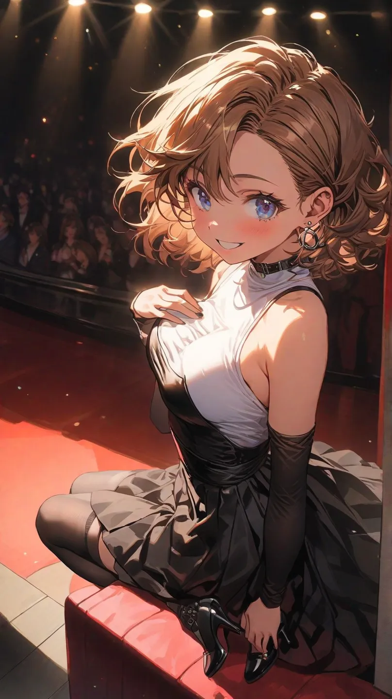 best quality,２D,1 girl,25yo ,slender,fair skin,short hair,brown color hair,curly hair,disheveled hair, Blue eye, smile, happy, twinkle(in the eyes), Plucked eyebrows, E cup breasts, black jacket, white mock neck top, black skater skirt, stockings, high hee...