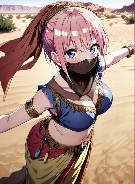 score_9, score_8_up, score_7_up,  source_anime,  Nakano Ichika,  short hair, Alone,bangs, blue eyes,  o, pink hair near MM, smile,blush,half updo,Big Breasts,Chest Valley,Arabian clothing,  dancer , mouth Veil, belly Dancing, Veil, armlet, Dancing, Bare le...