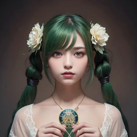 (Masterpiece,  top quality,  best quality ,  Official Art,  beautiful and aesthetic:1.2), ( 1 girl:1.3), ( Fractal Art :1.3), card, Tarot,  green hair,  twin tails,  hair flower, ( good lighting :1.1), (( high resolution)), Tarot card style