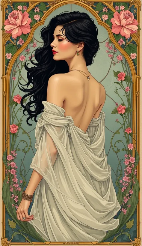 Art Nouveau poster: A woman in a gilded frame surrounded by floral patterns and decorative elements. The style of Alphonse Mucha.A beautiful young woman with dark hair. Beautiful graceful, flowing pose.Curved body.There's a thoughtful expression on his fac...