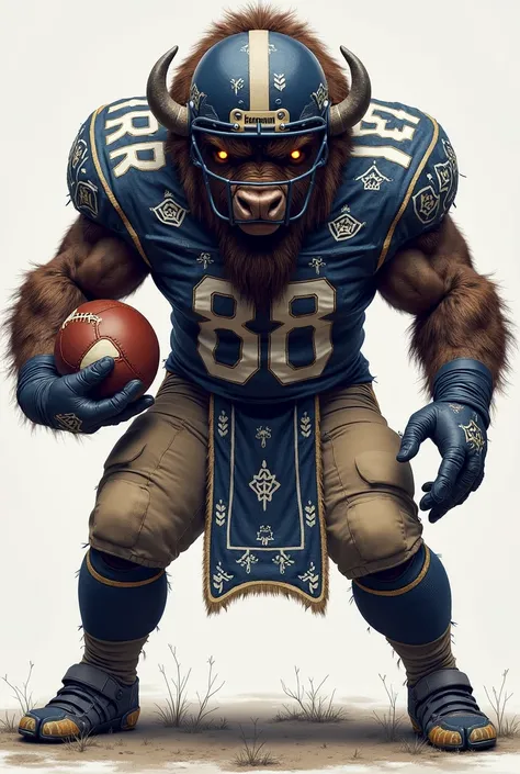 The Evil Bison, with an American football ball, wearing an American football helmet, wearing a ZUBRS, white and blue, with Belarusian ornaments, with number 88, png