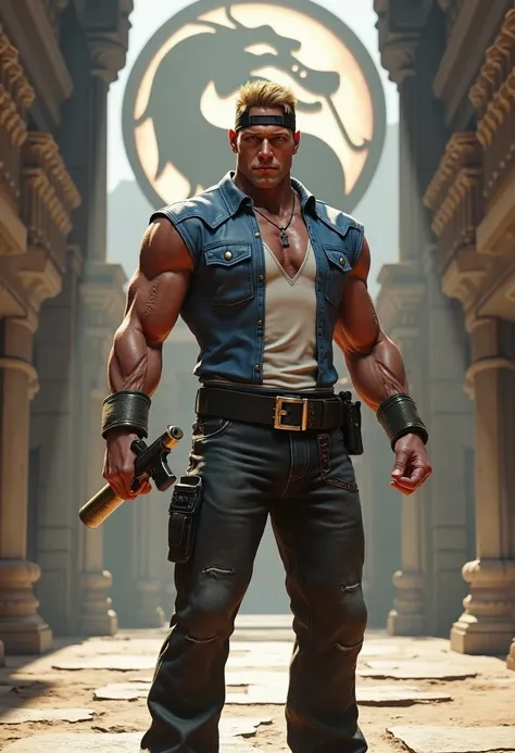 full body image , from the movie Stryker, a black baseball cap backwards , short blond hair ,  Muscular , blue and white T-shirt ,  black jeans  , with a belt on the sides two pistols , holding a police baton , stands in a fighting stance in Shao Kahn Cast...