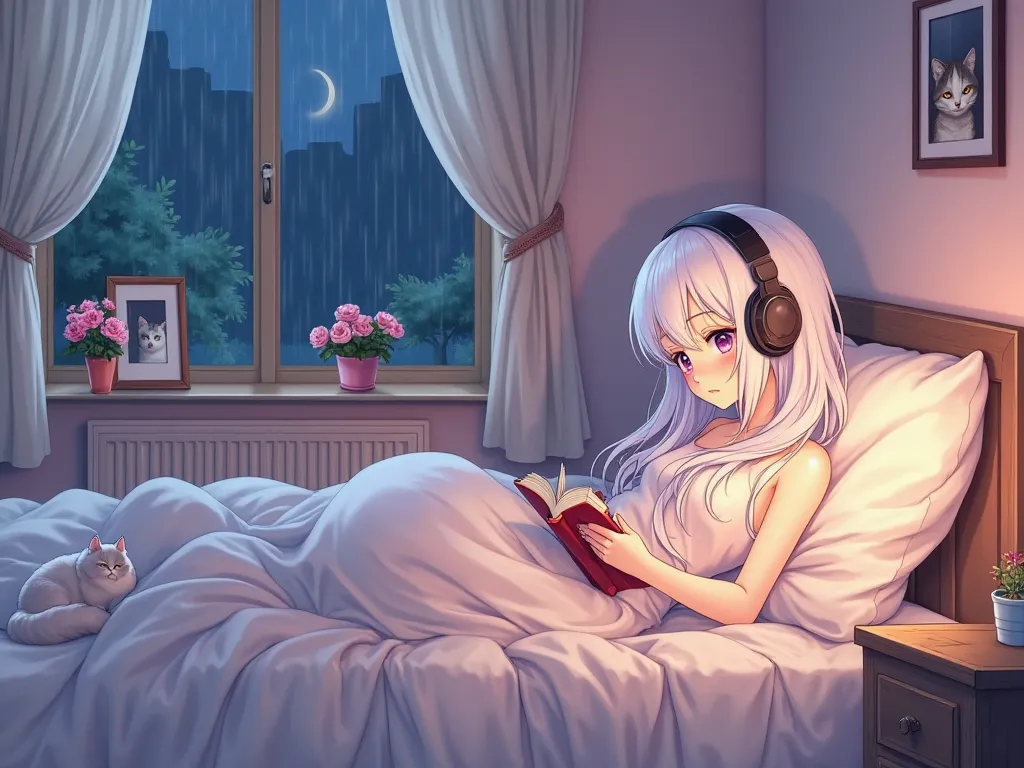 Beautiful anime girl with white long hair,   girl , girl wearing headphones lying in bed, It's raining outside, there is a cat lying next to her, light bright night light, her bedroom is light pink, bed right next to the door, on the windowsill there are t...