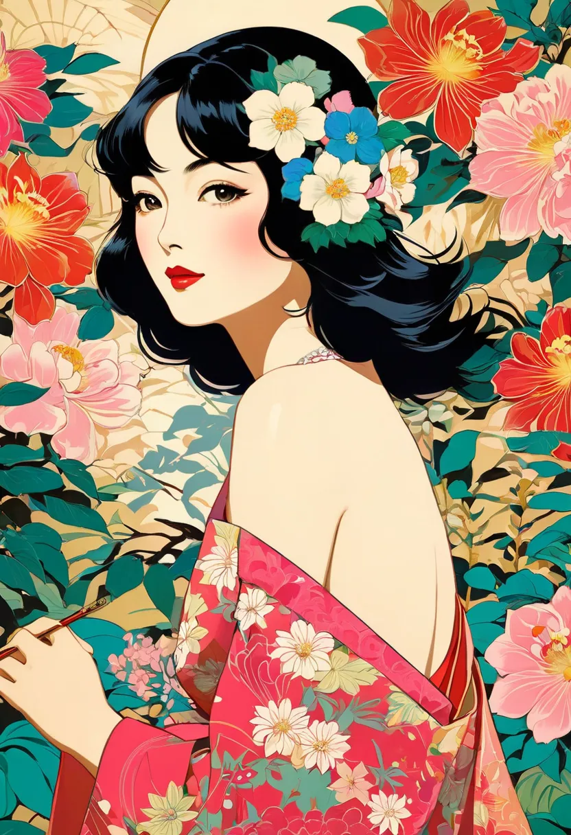 Masterpiece Paintings, Feminine Art  , Ichiro Tsuruta,  art deco ,   flat illustration  , vector art ,  lots of flowers  , pop art,  beautiful Japanese women,