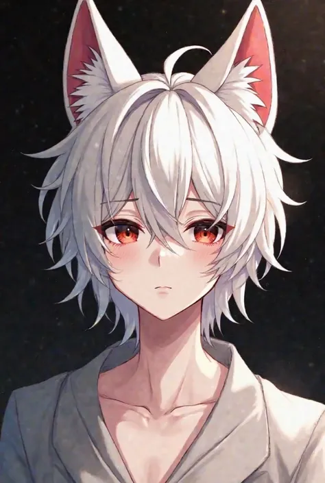 A handsome anime-style young man with fox ears, long, messy white hair that falls gently over his face. His eyes are large and expressive, deep and dark-toned, with a subtle blush on his cheeks. His skin is pale, and he has a calm, slightly melancholic exp...