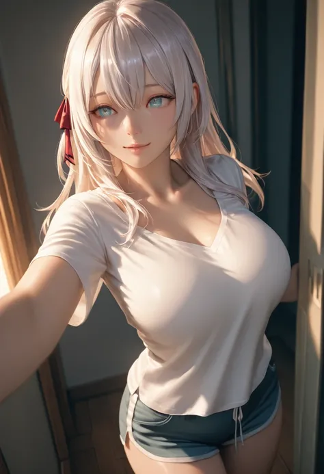 masterpiece, best quality, vibrant, very aesthetic, high contrast, photorealistic portrait,beautiful detailed face,detailed texture,detailed skin, newest,BREAK 1girl,Roshidere,source_Roshidere,Alisa Mikhailovna Kujou,shirt,shorts,room,realistic lighting,
