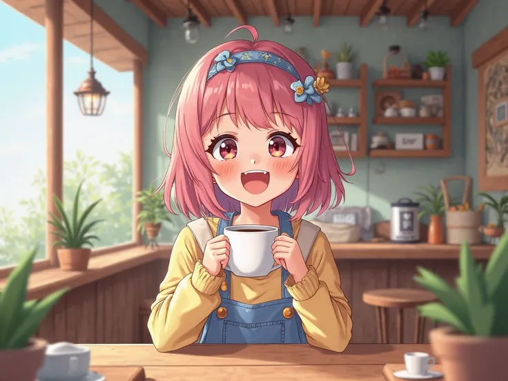 Make a girl with a cute character from a Japanese anime eating coffee at a cafe, laughing, and being happy