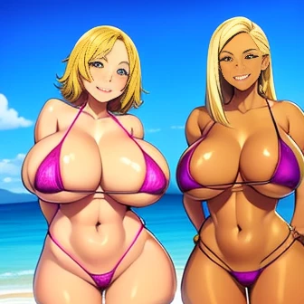        ladies 1,    best quality,      anatomically accurate  ,       sexy women,       blond hair,    brown skin, very big breasts,       saggy breasts     ,   thick thighs ,  leopard print swimsuit , smile, wet skin,   oily skin,  full picture