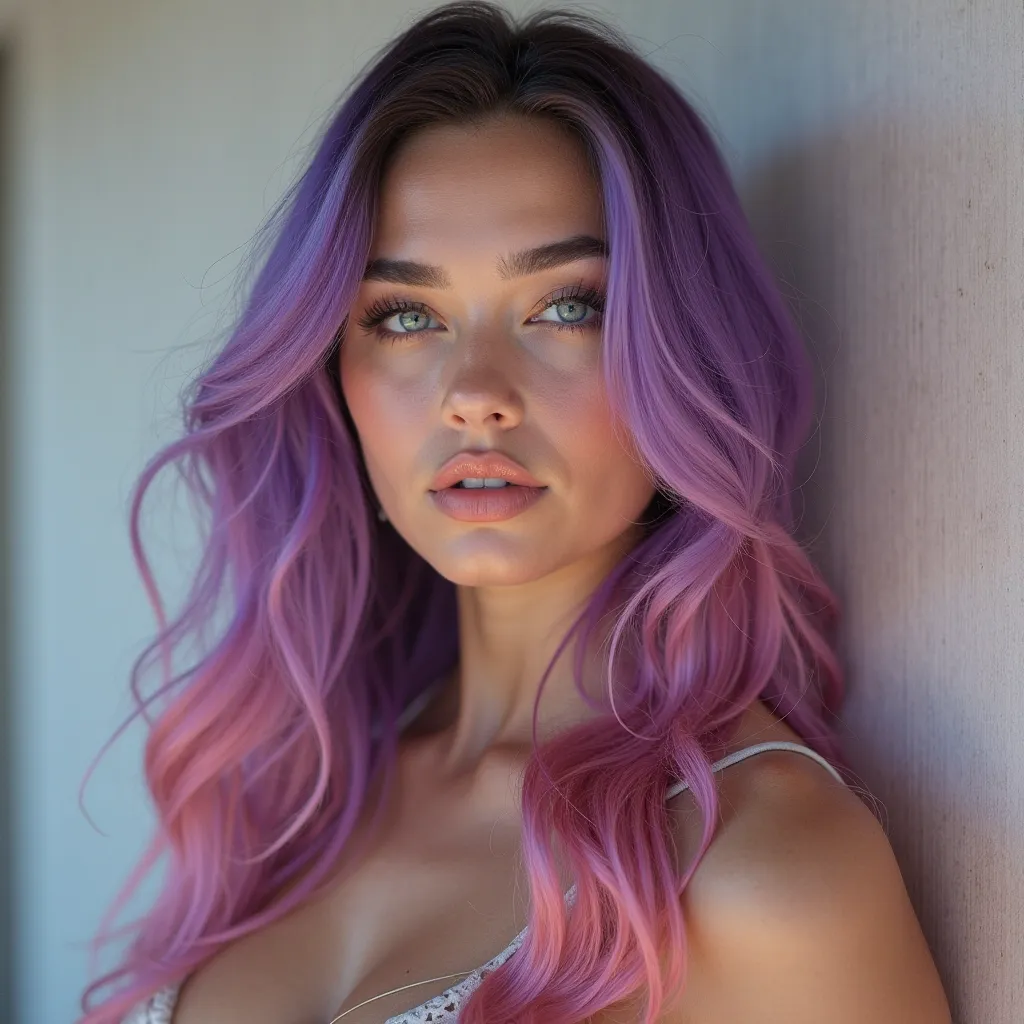 A portrait of a 19-year-old woman with a voluptuous apearance. She weighs 63 kilos of body mass, She has long hair that is wavy in the strands but straight at the roots, with a striking blend of purple and pink colors. Her skin is fair, and she has captiva...