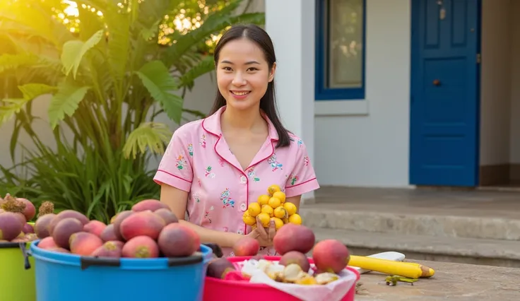 This is a bright photo of a fair-skinned, beautiful Thai woman with brown hair tied back, wearing a pink pajamas decorated with cartoon characters, sitting on an outdoor patio. She is holding a bunch of ripe yellow mangosteens and smiling. In front of her ...