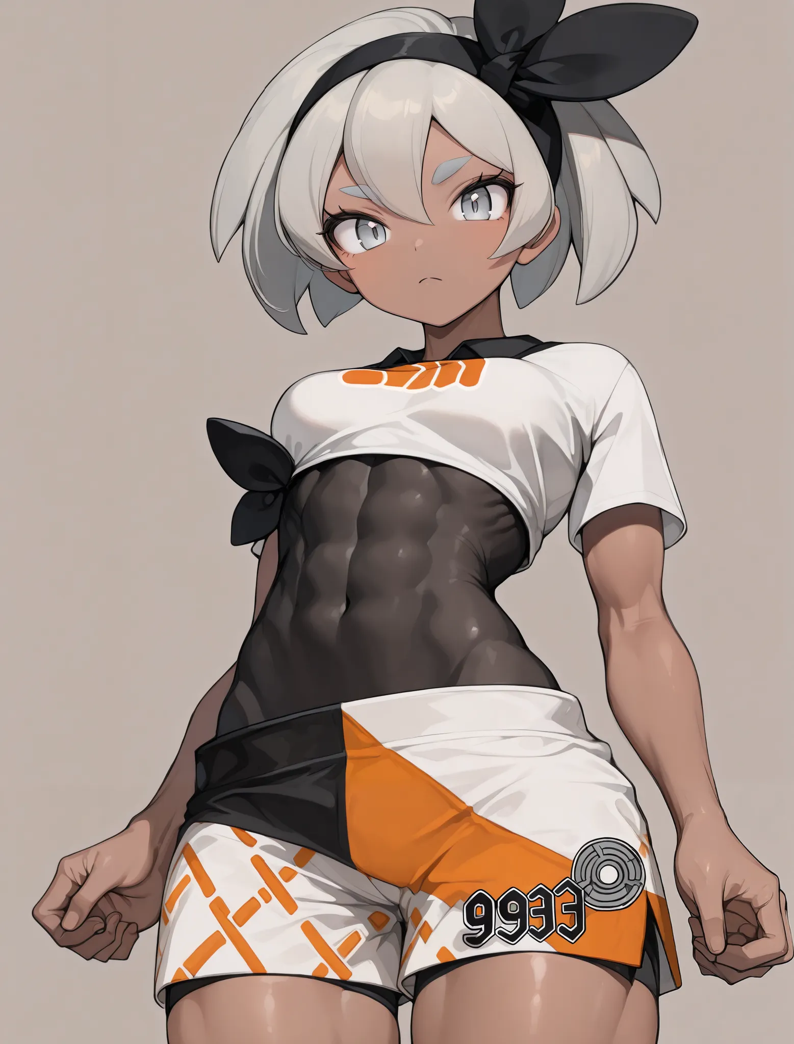 ((bea)), ((pokemon)), ((masterpiece)), ((high resolution)), ((solo portrait)), {(athletic figure), (toned body), (brown skin), (cute grey eyes), (short eyelashes), (short white hair), (focused frown)}, {(white shirt), (bodysuit under clothes), (orange prin...