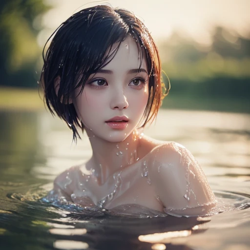  best quality ,  realistic, photo realistic,  award-winning illustrations , ( intricate detail in wet water: 1.2), ( Delicate Details), ( intricate detail in wet water), (  Cinematic Light ,  The Sexiness of a Super Girl with Ultra Short Hair