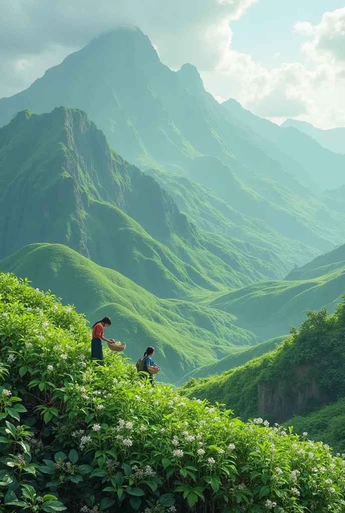 "A wide landscape of lush green mountains, representing the northern highlands. In the foreground, tiny human figures harvest fresh Ashwagandha plants, placing them in small baskets. The scene is vibrant, natural, and eco-friendly, emphasizing organic farm...