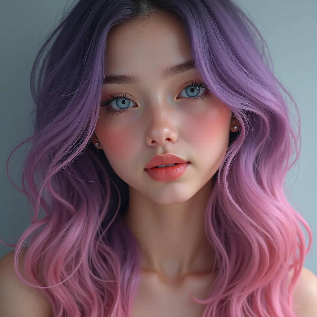 A portrait of a bealthfull 19-year-old girl with a voluptuous apearance. She weighs 63 kilos of body mass, She has long hair that is wavy in the strands but straight at the roots, with a striking blend of purple and pink colors. Her skin is fair, and she h...