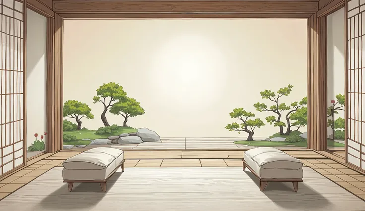 illustration in soft colors predominating , minimalism of a Japanese style living room with window to see the minimalist Japanese garden with bonsai trees, the stage evokes energy and elegance