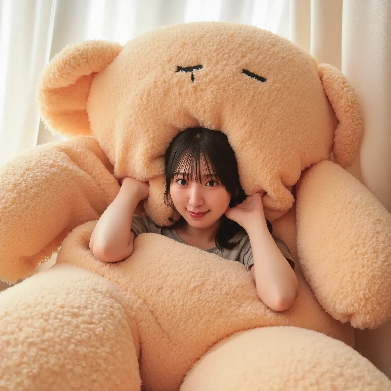 「A playful Japanese woman peeking out from the belly of a giant teddy bear, with a cheerful expression. She has long black hair, wearing casual clothes, and her face is visible as she playfully hides inside the teddy bear. The teddy bear is enormous, soft,...