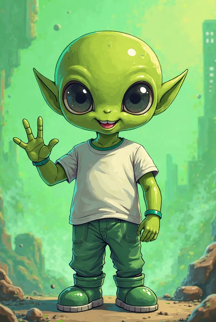 Green alien with white splain tshirt,wearing a green space pant and green space boats sayin hello.anime pixel Tyler generate 