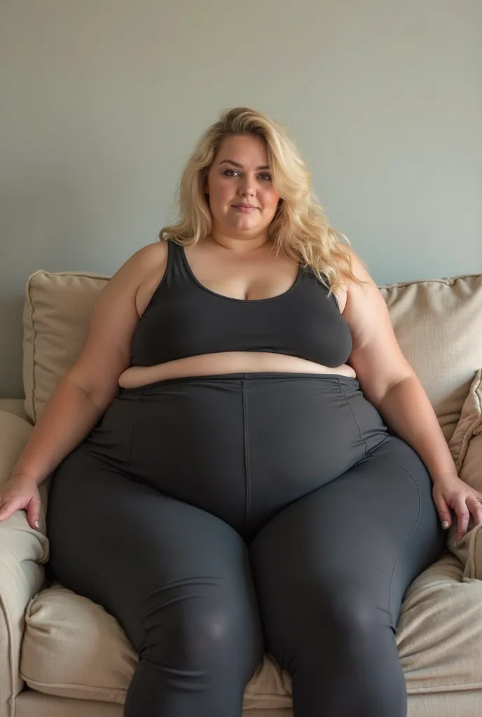 Beautiful plus-size model wearing extremely tight crop top and leggings, young woman, white woman, elegant blonde hair, beautiful blonde hair, sitting on an large couch, massive hips take up the entire couch, can barely fit on couch, massive belly takes up...