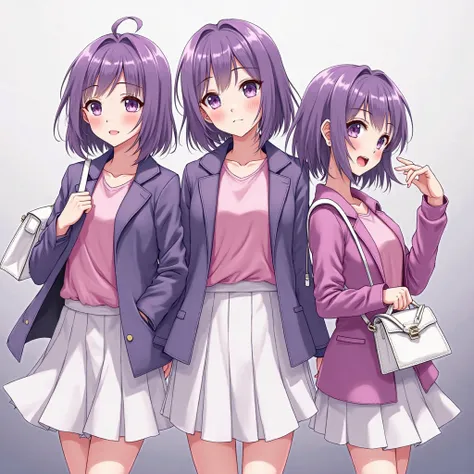 anime style, 3girls, full body front, standing, bare legs, light skin, purple long hair, purple eyes, pink shirts, purple coats, white skirts, white bags, black fur shoes