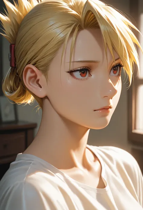 masterpiece, best quality, vibrant, very aesthetic, high contrast, photorealistic portrait,beautiful detailed face,detailed texture,detailed skin, newest,BREAK 1girl,Fullmetal Alchemist,source_Fullmetal Alchemist,riza hawkeye,blonde hair up,shirt,room,real...