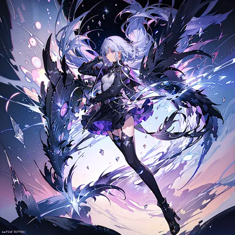 1 girl, Crystal themed girl, crystal highlighted stockings, blue and purple thigh high stockings, heeled boots. White and black bodysuit skirt, purple blade, assassin. Magic, sideview close-up looking at viewer, above waist shot, galaxy starry background, ...