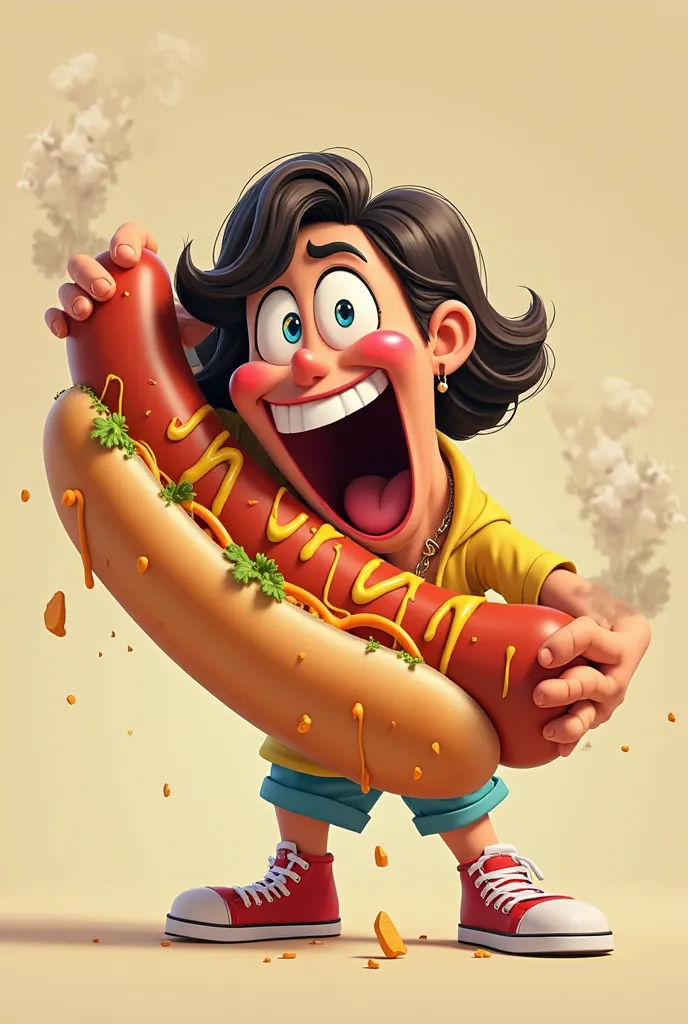 Create an image of an animated woman eating a whole 12 inch hotdog in one bite