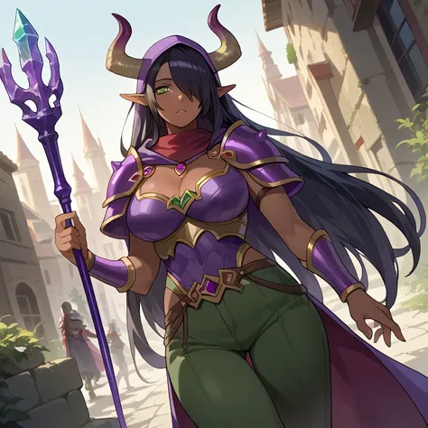 1girls, long hair, black hair, green eyes, very long hair, pointy ears , dark skin , hair over an eye , hembra de dark skin , elf, dark elf, outdoor, urban landscape, looking at the viewer , Dutch angle, cowboy shot, purple hood , purple scarf, bull horns,...