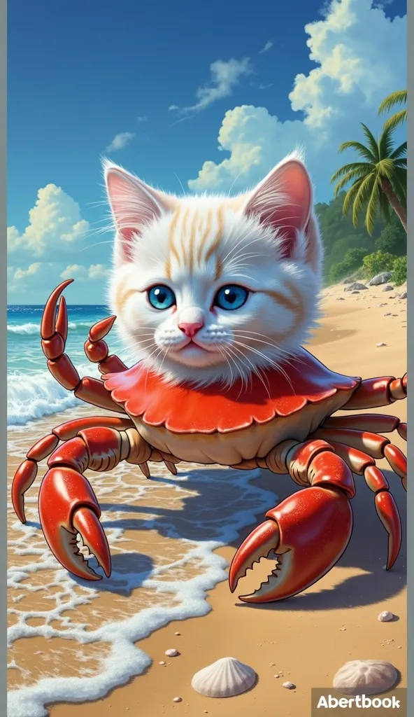 Crab-bodied kitten is crying on the beach