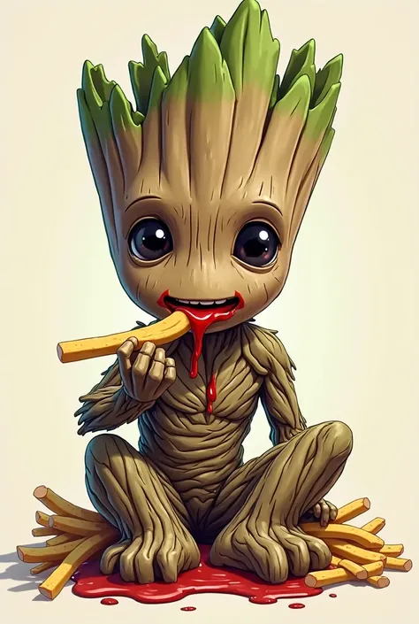 Fat Groot, eating a twig-sized fry, with ketchup covering his mouth.