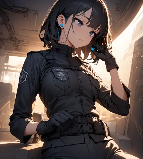 (masterpiece), best quality, 1 girl, Alone, thin,  thighs, upper body, SWAT Uniform ( black uniform,  Military Costume, Black Jacket,  black pants ,  black rider gloves ), ((( wireless earphones))), expressionless, miosis, (((takes my gaze away))), High Re...