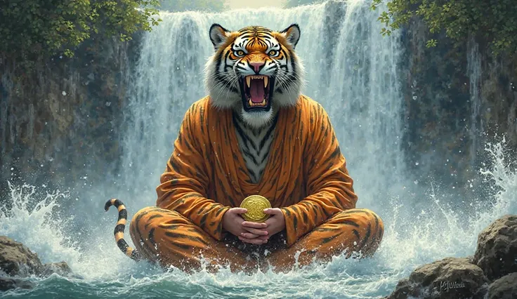 Thai style drawing: The head is a roaring tiger. The body is dressed in a tiger-patterned robe like a hermit thai. Holding a golden and coin gold, the scene is sitting in the middle of a waterfall.