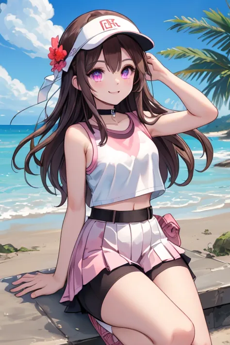  an anime girl,  Pink Eyes, long dark brown hair , (( dark brown hair )),  pink sportswear, good face, cute body, big arms and legs, pleated pink skirt, pink sports skirt, ((Black fitted short top )), Square black sleeveless fitted compression crop top, sm...