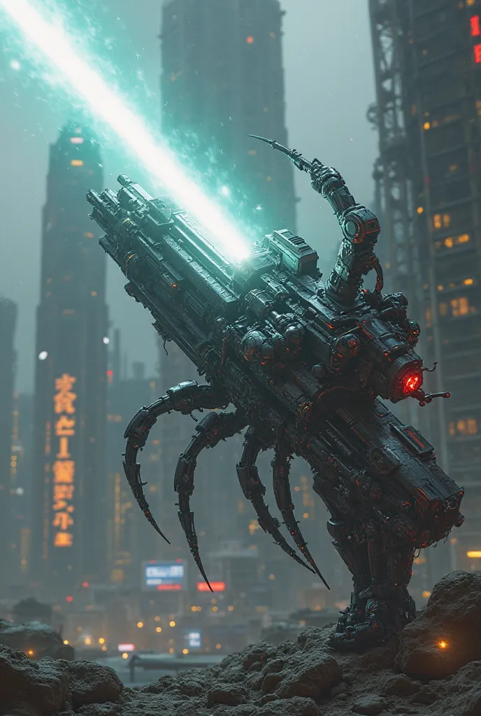 futuristic weapon, shooting a laser beam into the sky, controlled by a robot half a spider 