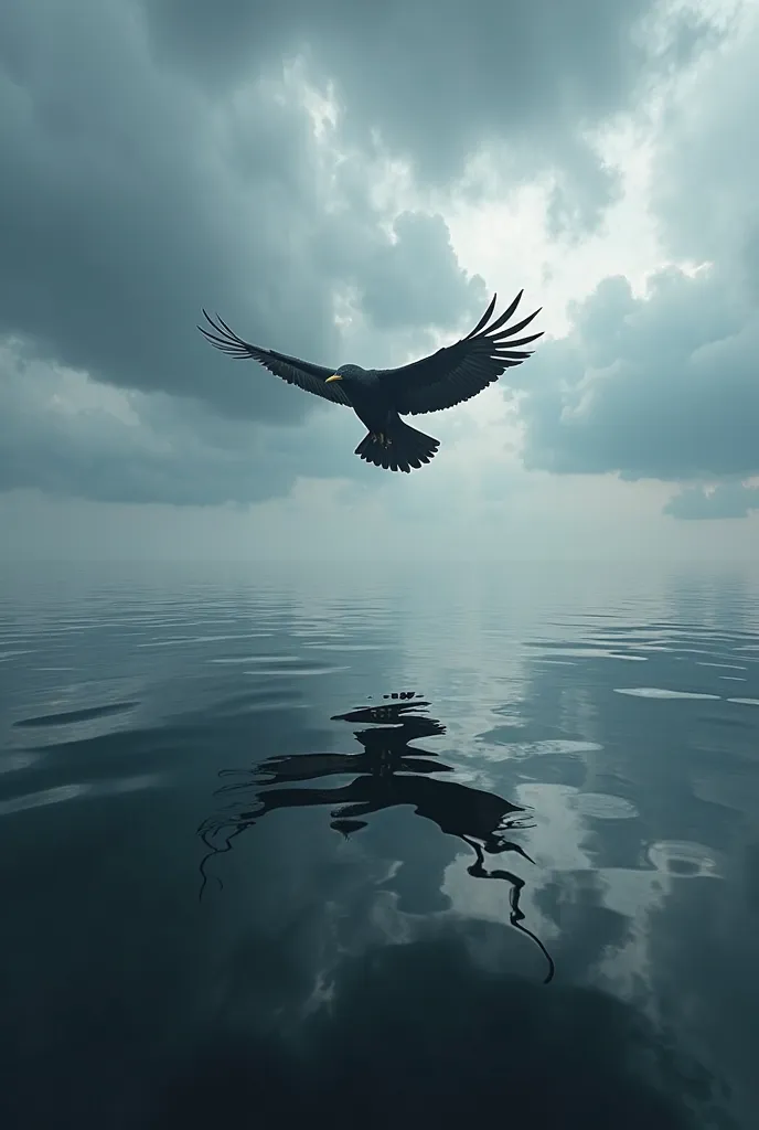 In the sea in the ocean an image in the sea in the ocean that is what you can see the dark sea the cloudy sky with many clouds that in the sea You can see the reflection The whole body of a giant bird the size of an airplane, As a reference )( There are no...