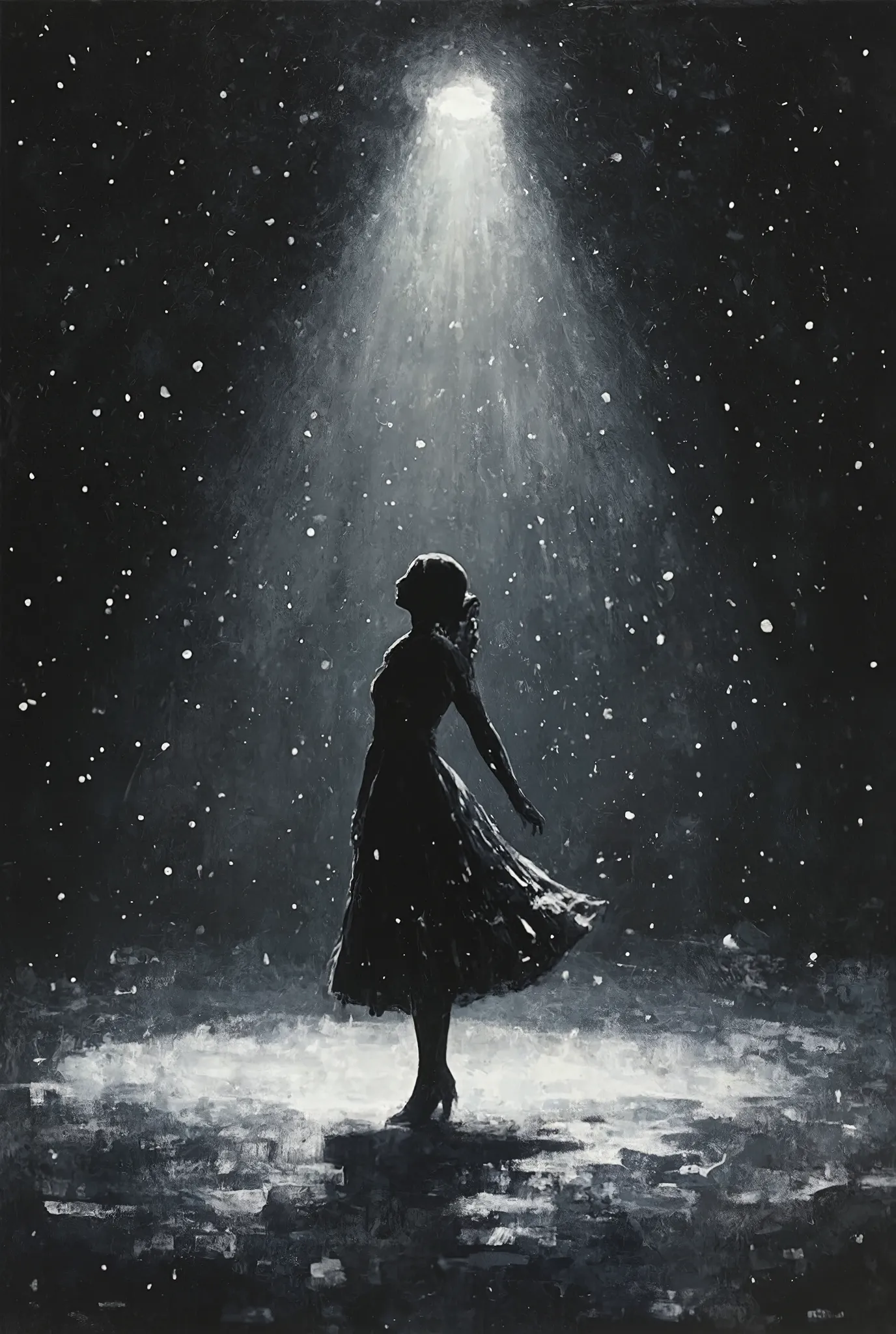 masterpiece,best quality,Alone,(Silhouette Art:1.4),woman dances gracefully under dark streetlights、winter、A fusion of solitude and subtlety、(((A free world just for her)))、snow particle,Minimalism influenced by abstract painting,