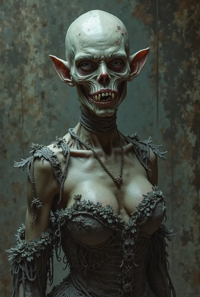 1girl, age, 18-years-old, undead, skeletal face, leathery skin, bald, ((lower jaw fangs)), orcish, wearing a decayed noblewoman dress