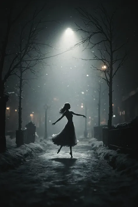 masterpiece,best quality,Alone,(Silhouette Art:1.3),a single woman dancing gracefully under a dark street lamp、winter、A fusion of solitude and subtlety、A free world just for her、Minimalism
