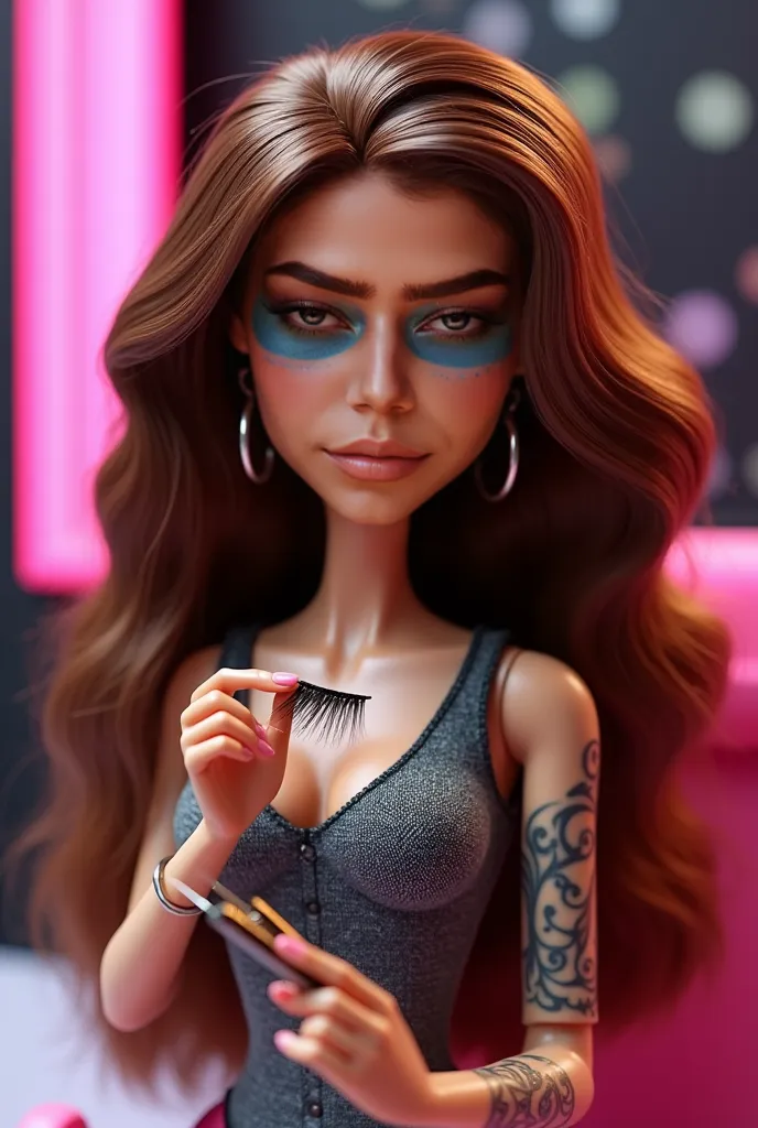 Create a bratz doll that is also a lash artist holding lashes and twizers with brown hair  bratz not barbie. And make her with tattos on lne of her arm take this image as a reference