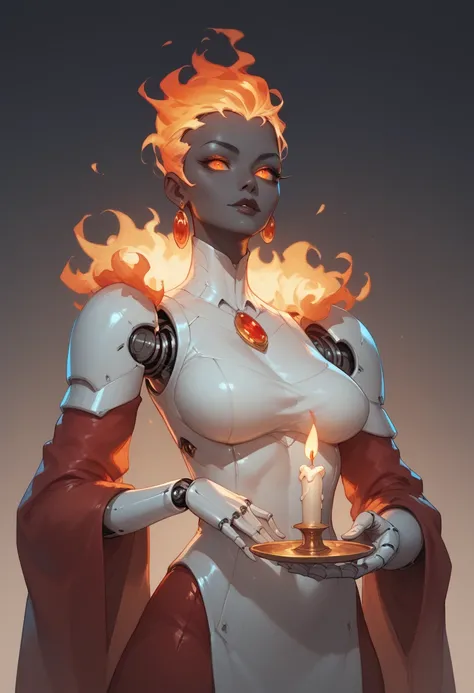 "Create a female robot-like humanoid inspired by the image of a candle in a bronze candlestick. Her torso is made of wax, giving her a feeling of warmth and softness. The head and neck are stylized as a wick, with a burning flame, where the center is dark ...