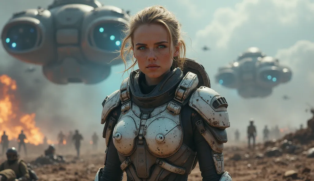 "A fierce female space warrior stands at the center of a battlefield, her futuristic armor battle-worn and covered in dirt. Her intense blue eyes burn with determination as she faces the enemy. Behind her, massive alien warships hover ominously in the sky,...