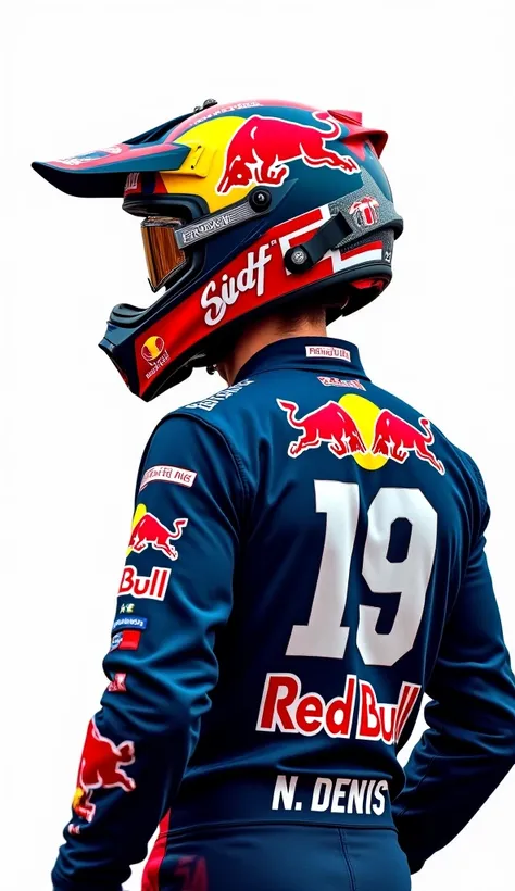 motocross racer, s, white background,  wearing motocross redbull helmet, wearing motocross goggles covering his full face, on his back showing his number 19 and name N.Denis showing his equipment