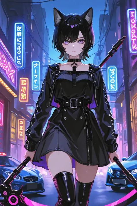 solo, ((From front)), Neko Female, ((wolf cut black hair, Black cat ears))), long Wolf Cut black hair, (yellow and purple Ombre eyes), Black and white dress like Yor, wearing Chocker, wielding Scythe, Street background, Neon Lights, Cars and motorbikes in ...