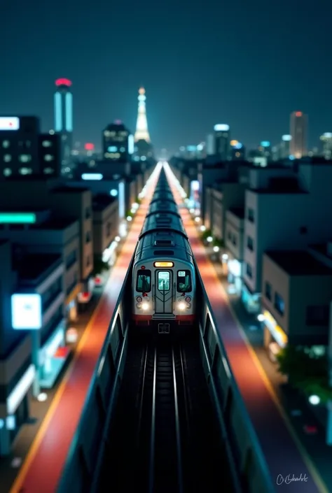 Aerial view of the city at night with a train passing through the middle,  tilt-shift pictures （Photographed by Naondo Nakamura ）,  Pexels contest winner ,  Digital Art ,  Japanese cities  at night,  TOKYO CITY ,  TOKYO CITY  in the background, Tokyo Japan...