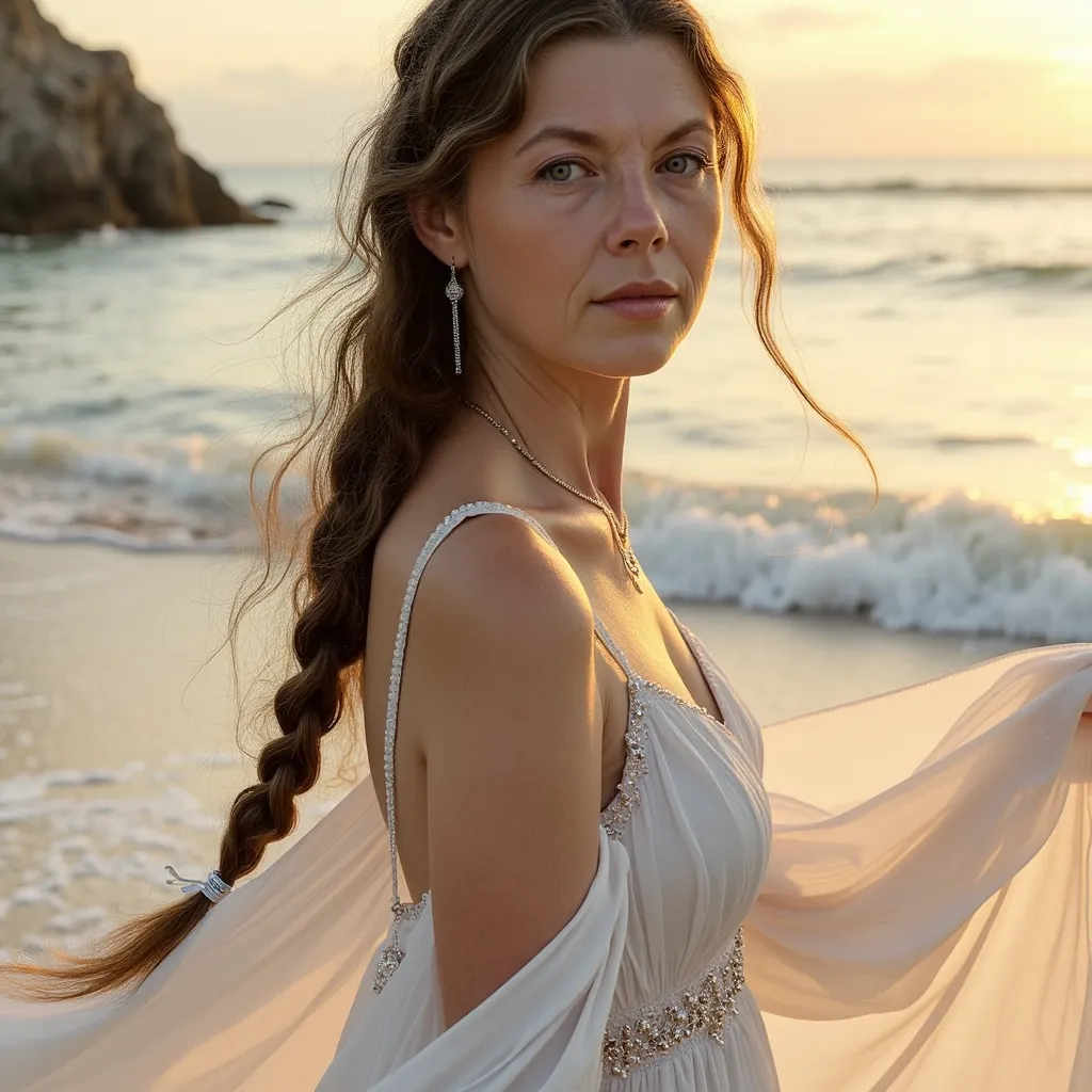 1girl,highres,  high quality,  masterpiece, mxmkWhiteDress,  bare shoulder, purple eyes, white dress, braid, chocker, beach