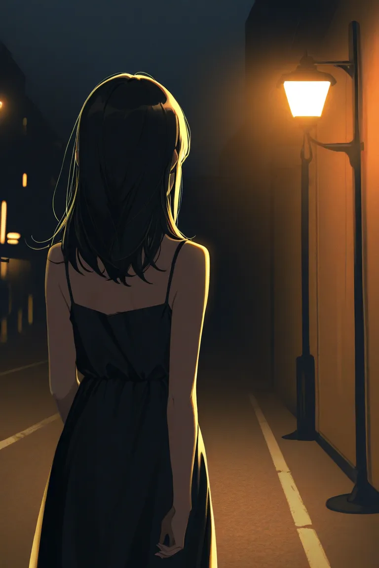 A Lone Figure Under a Streetlamp,one girl