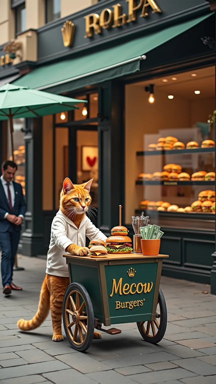 shot from across the street a of a high class super luxury brand watch and jewelry store in a mid day lit street where a  orange cat (wearing a  white shirt ) is pushing a  burger cart with some burgers, condiments and drinks on the cart, the burger cart s...