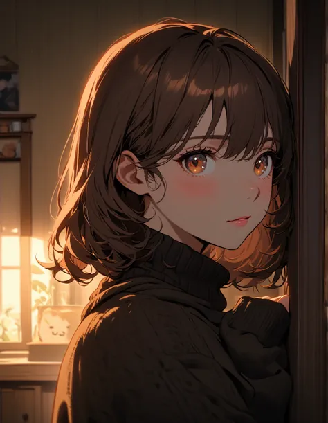 Masterpiece, beautiful, yandere, big sister, daily life, detailed face, inside the house, Dark brown sweater