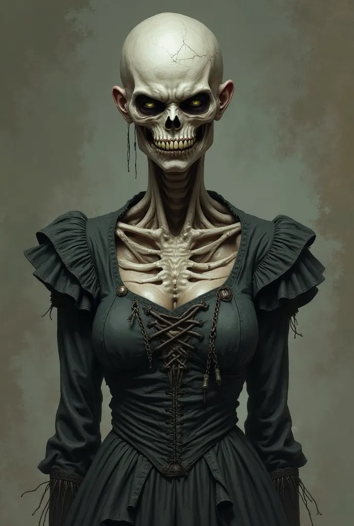 1girl, age, 18-years-old, undead, skeletal face, leathery skin, bald, ((lower jaw fangs)), orcish, wearing a decayed noblewoman dress, lovingly looking at the viewer, full body