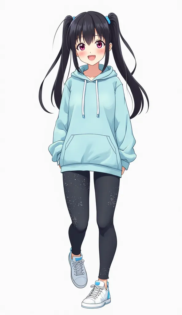 Japanese anime adolescent woman with long straight black hair with two pigtails and short locks and intense magenta eyes and wears a light blue sweatshirt with a white front closure and a light blue hoodie, tight dark pants with a dot pattern, white sneake...